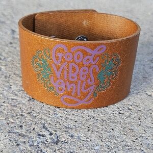 Brown Leather Cuff Bracelet Good Vibes Only Quote Boho Inspirational